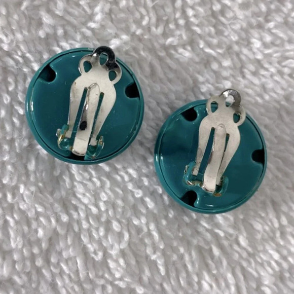 Vintage Teal Painted  Metal Circle Clip On Earrings - Picture 2 of 7